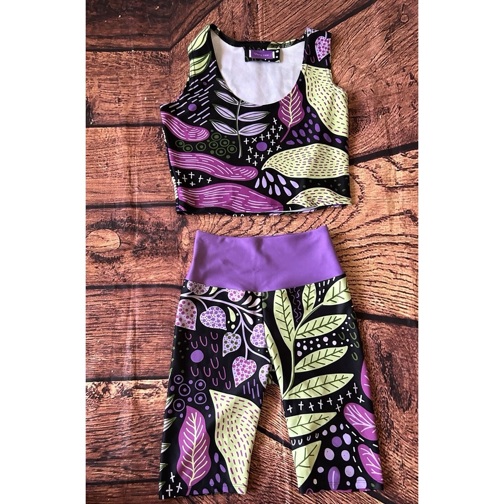 Loony Legs Fairy Forest Floral Leggings Purple Lime Yoga Pants